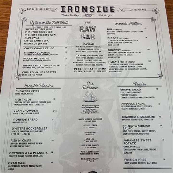 Ironside Fish & Oyster menus in San Diego, California, United States